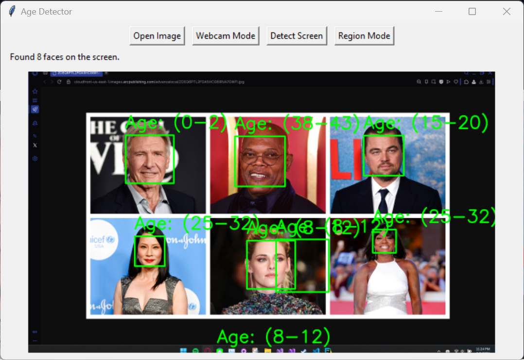 Eight faces detected on a captured screen, each labelled with an age bracket