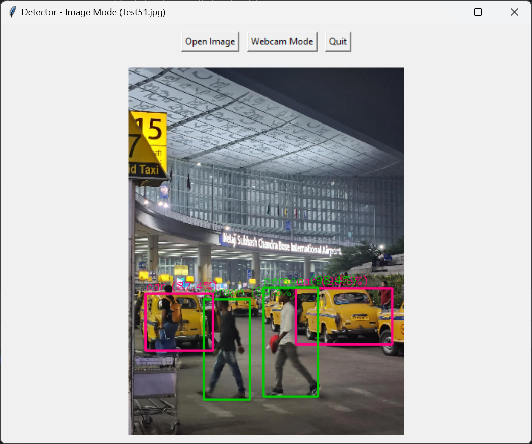 An airport scene with people and taxis detected in separate colours