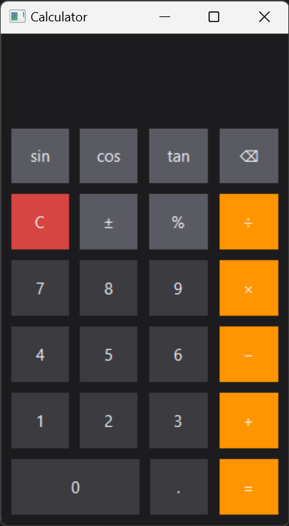 The calculator at rest, with a keypad of numbers, orange operator keys and sin, cos and tan along the top