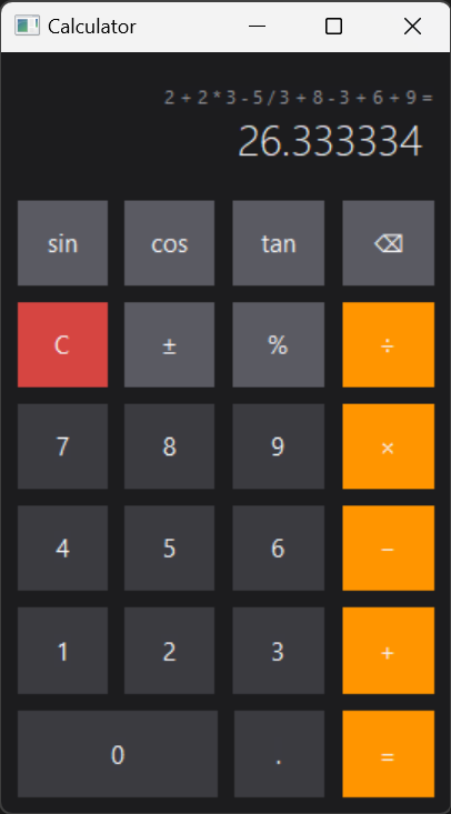 A long chained expression solved to 26.333334, with the original expression shown above the result