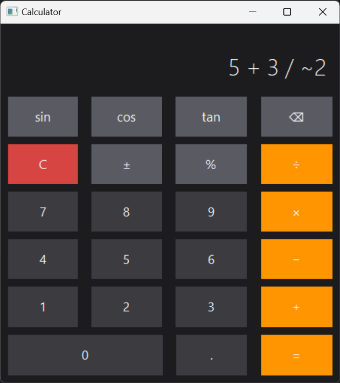 The calculator at a larger window size, showing the display text scaled up with it