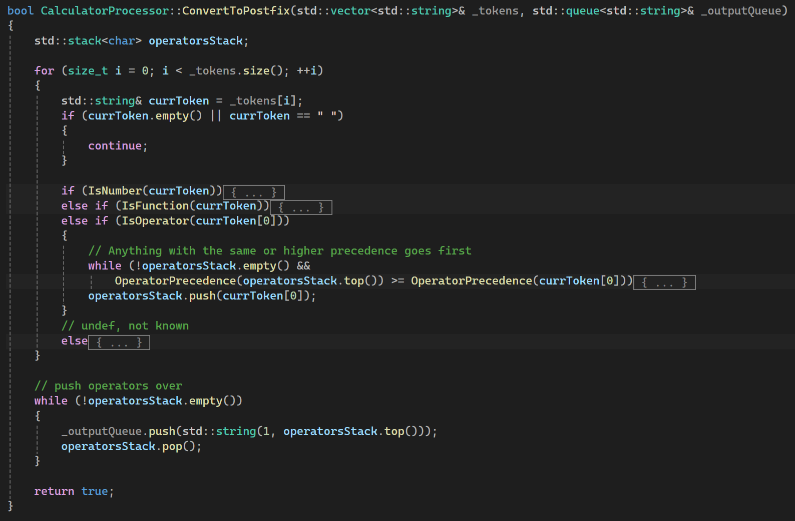 Source code of the ConvertToPostfix function, showing the operator stack and precedence loop