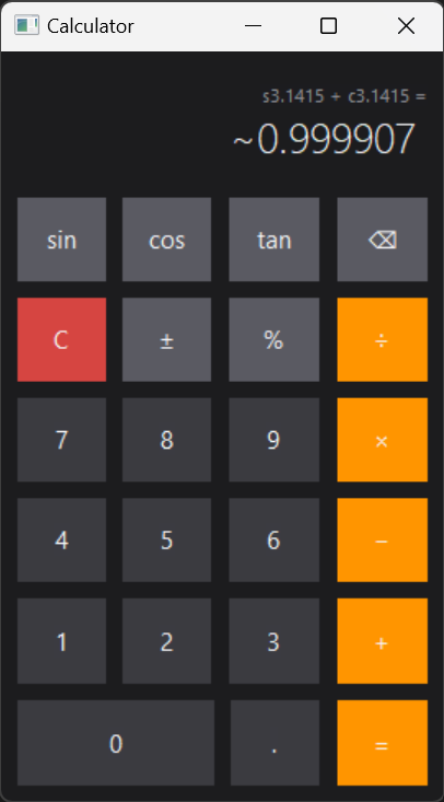 Sine and cosine of 3.1415 added together, returning a negative result written with a tilde