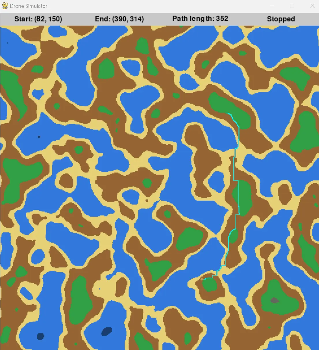 A 352 step route solved across a much larger generated world