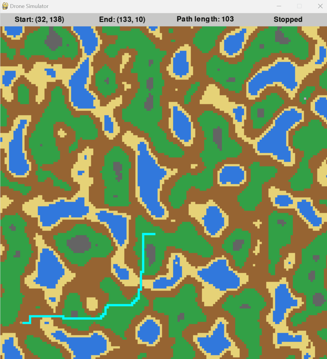 A solved path bending around water on a generated map