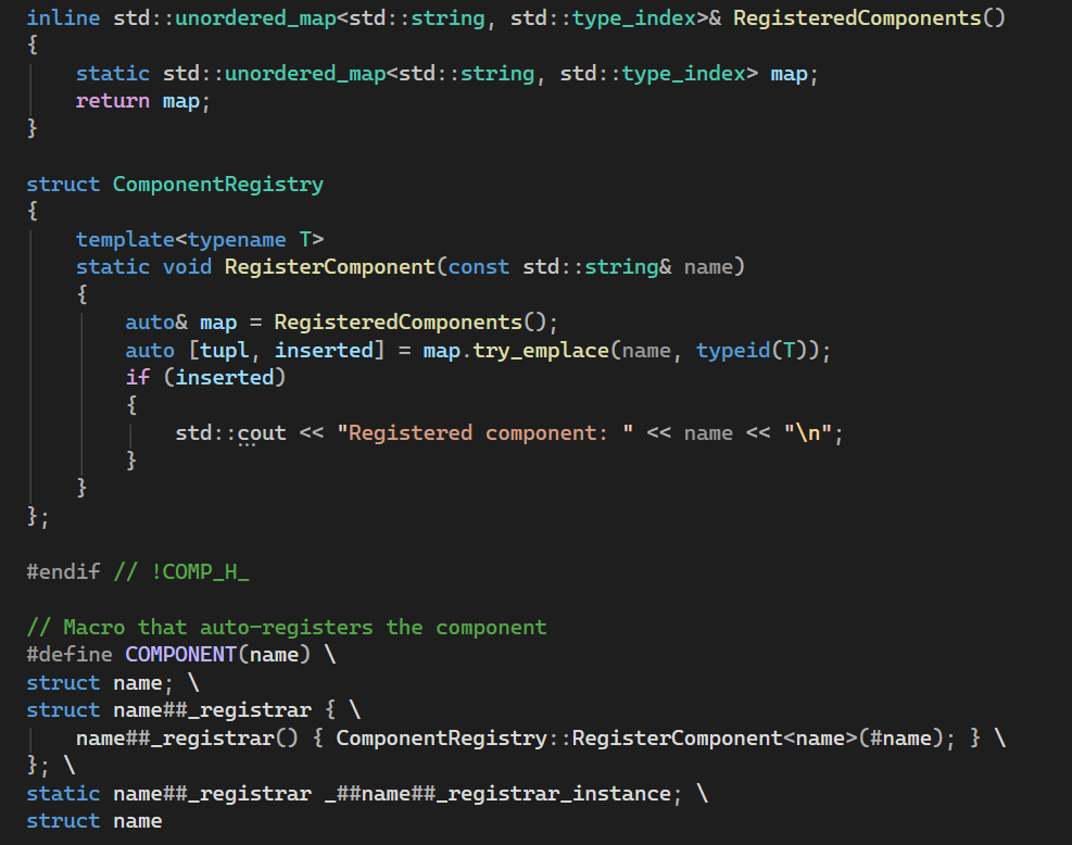 The component registry and the macro that auto-registers each component
