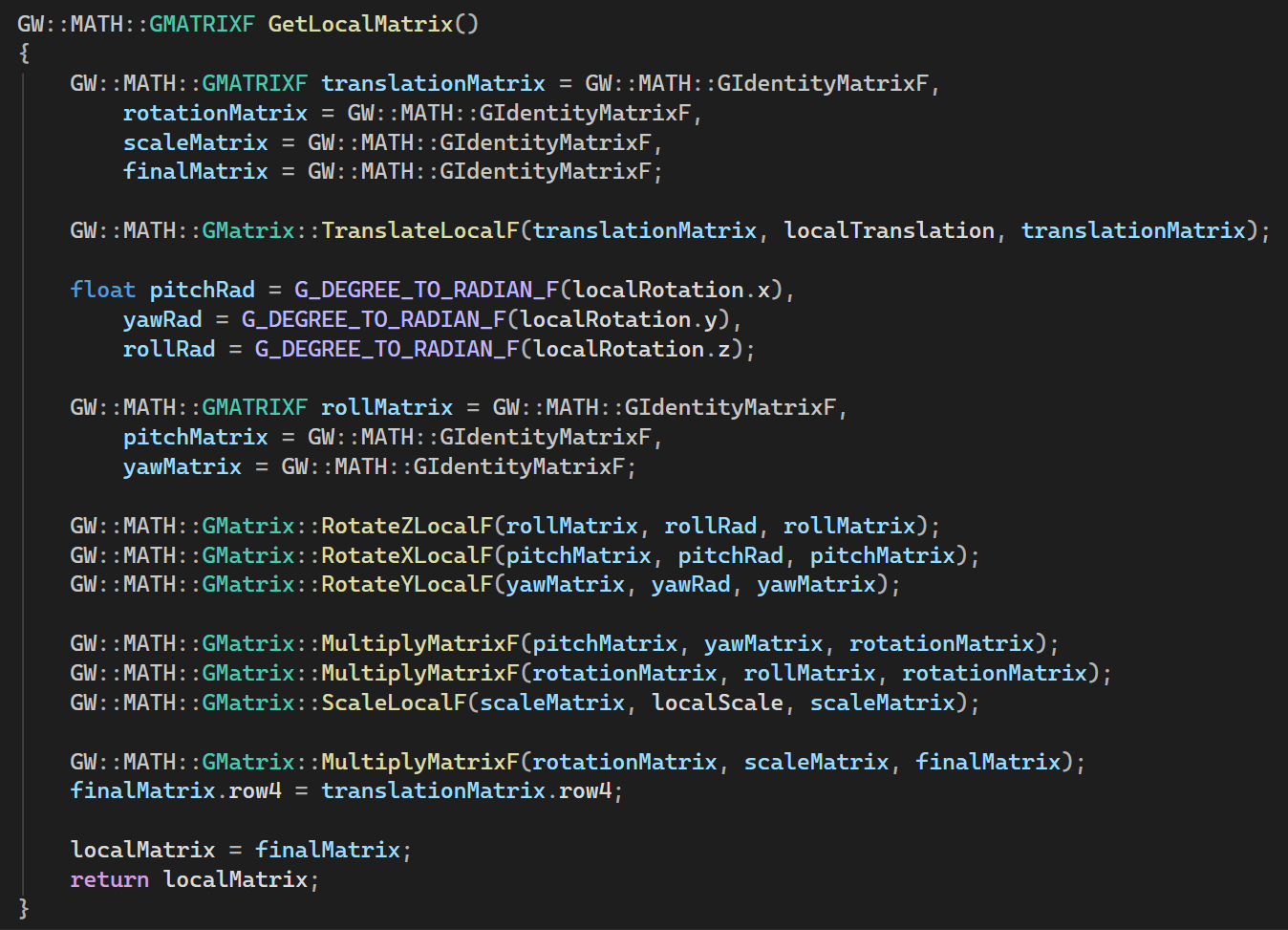 Building a local transform matrix from translation, rotation and scale
