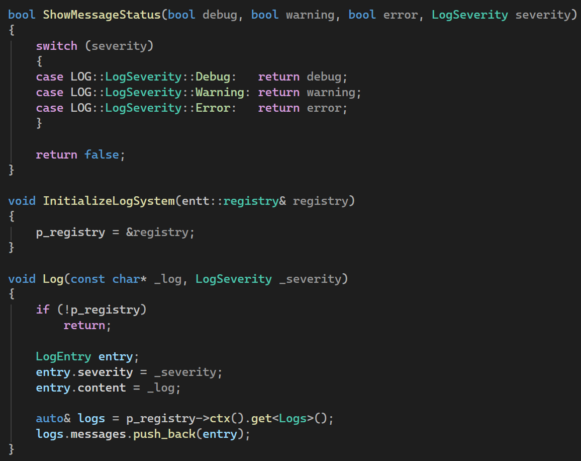 The logging system, filtering by severity and storing entries on the registry