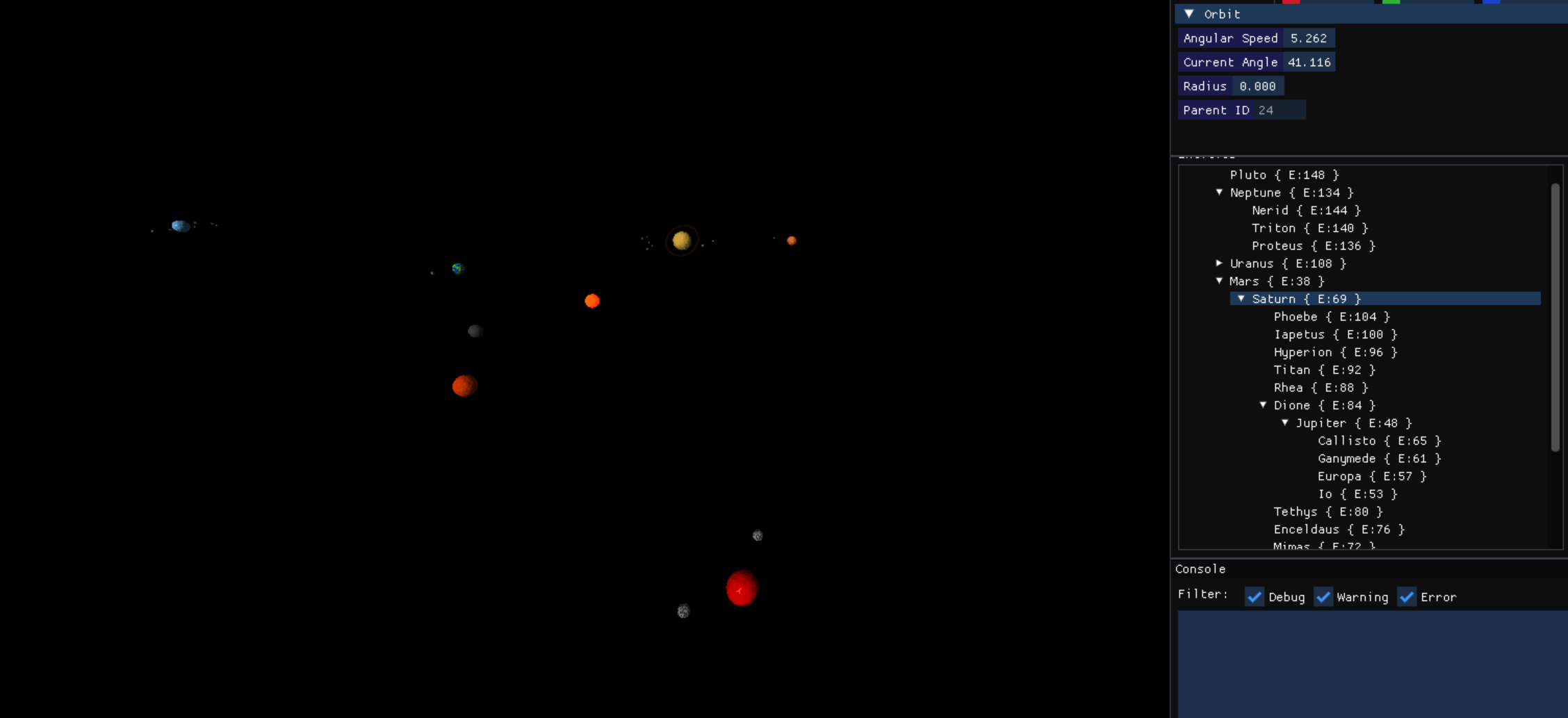 The entity tree after dragging Saturn under Mars and Jupiter under a moon