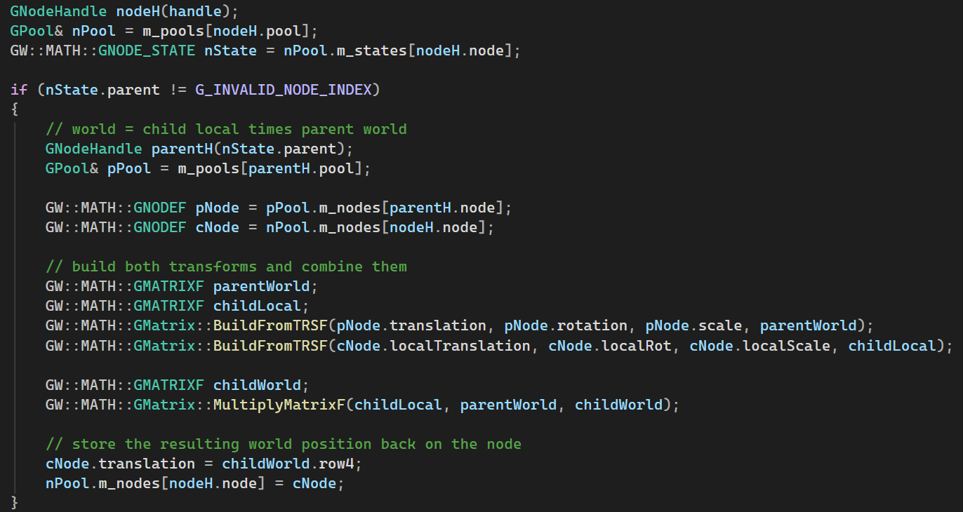 Code combining a child's local transform with its parent's world matrix