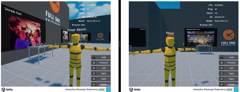 Two browser clients in the same hall, each seeing the other's avatar and nametag